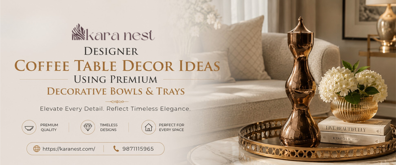 Luxury designer coffee table styled with premium decorative bowls, elegant decorative trays, designer table lamp, decorative sculptures, coffee table books, and modern luxury living room décor.