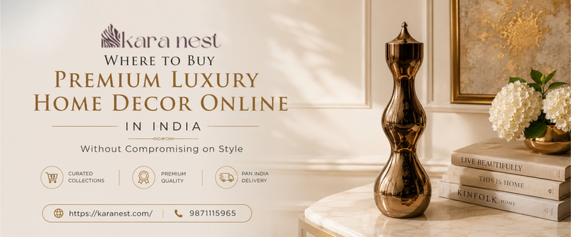 Elegant luxury home interior featuring premium decorative bowls, designer table lamps, premium glassware collection, luxury decorative trays, decorative sculptures, and sophisticated modern home décor styling.