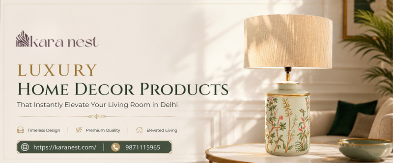 Elegant luxury living room featuring designer table lamps, premium glassware collection, decorative home accessories, and modern luxury home décor styling.