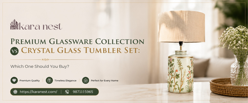 Premium glassware collection and crystal glass tumbler set displayed on an elegant dining table with luxury home décor and modern table styling.