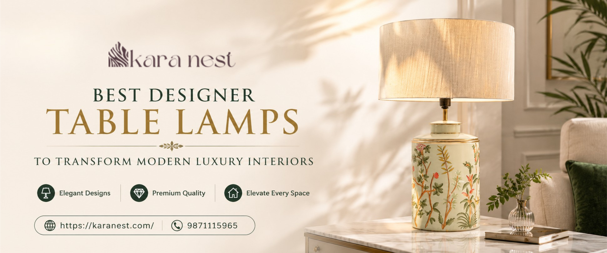 Modern luxury living room featuring elegant designer table lamps, premium decorative accessories, stylish coffee table décor, luxury home accents, and sophisticated ambient lighting.