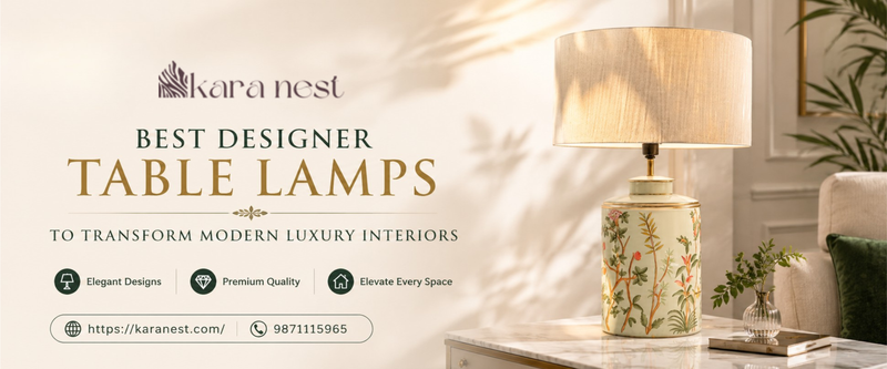 Modern luxury living room featuring elegant designer table lamps, premium decorative accessories, stylish coffee table décor, luxury home accents, and sophisticated ambient lighting.