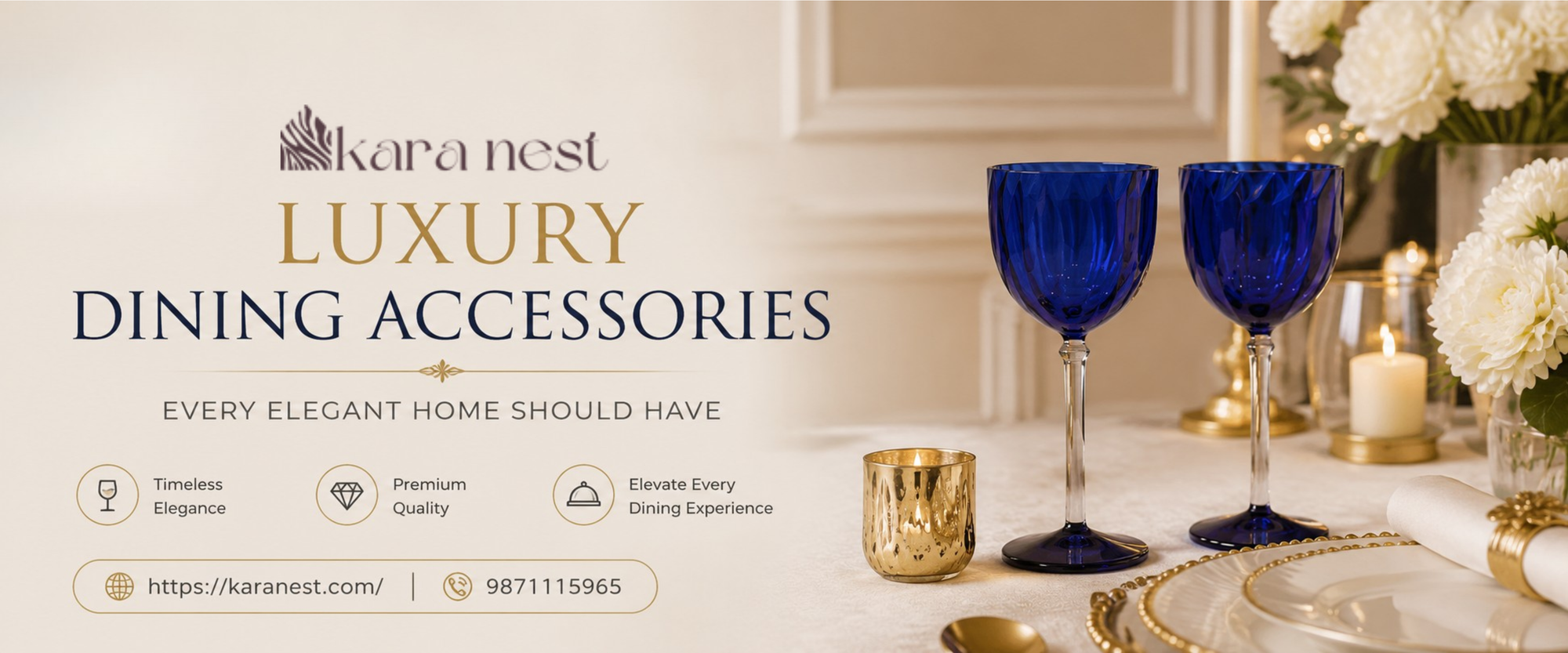 Elegant luxury dining table featuring premium glassware collection, crystal glass tumbler set, decorative serving accessories, stylish centerpiece décor, and modern luxury dining table styling.