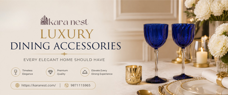 Elegant luxury dining table featuring premium glassware collection, crystal glass tumbler set, decorative serving accessories, stylish centerpiece décor, and modern luxury dining table styling.