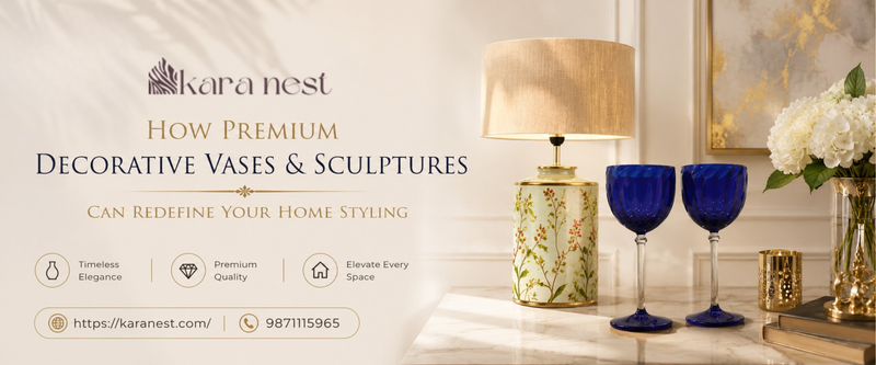 Modern luxury living room featuring premium decorative vases, artistic sculptures, designer table lamps, elegant home accessories, and sophisticated contemporary interior styling.