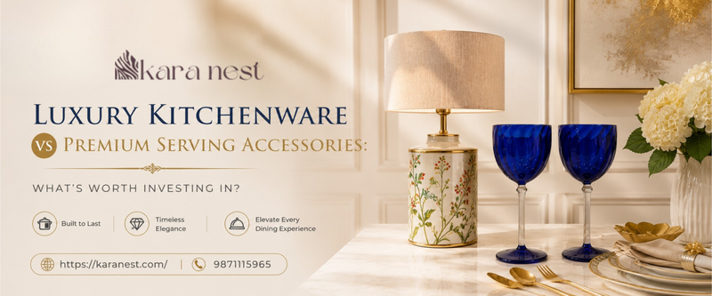 Elegant modern kitchen and dining setup featuring luxury kitchenware, premium serving accessories, premium glassware collection, crystal glass tumbler set, decorative dining table styling, and sophisticated home décor.