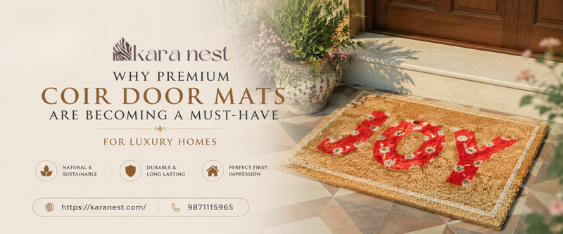 Luxury home entrance featuring a premium coir door mat, elegant doorway styling, decorative planters, modern entrance décor, and sophisticated contemporary home exterior.