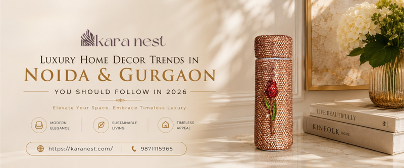Modern luxury living room in Noida and Gurgaon featuring premium home décor products, designer table lamps, decorative vases, elegant glassware, luxury dining accessories, and contemporary interior styling.